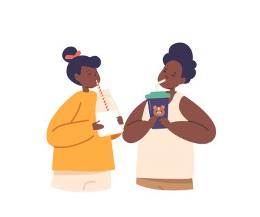 Su, süt, meyve suyu ya da soda içen çocuk. Küçük Siyah Oğlan ve Bardaklı Kız Karakterler İçeceklerin Tadını Çıkartıyor, Vücut Sıvısı, Beslenme Konsepti. Çizgi film İnsanları Vektör İllüstrasyonu