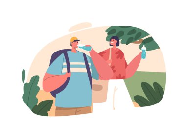 Parkta gezinirken su içen çift, Doğal Çevrede İçilen Suyun Tadını Çıkartıyor. Erkek ve Kadın Karakterler Gezinti ve İçkinin tadını çıkarıyor. Çizgi film İnsanları Vektör İllüstrasyonu