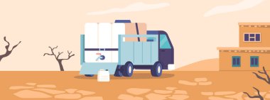 Su yardımlı araba, gelişmiş su arıtma sistemleriyle donatılmış araç, uzak bölgelere ya da acil durumlar için temiz ve güvenli içme suyu sağlanıyor. Çizgi film Vektör İllüstrasyonu