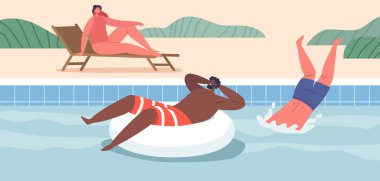 Karakterler havuzda yüzmeyi ve dinlenmeyi, dinlenmeyi ve dinlenmeyi severler. Serin Su Sıcaktan Rahatlatıcı Kaçma, Eğlence ve Rahatlama Anları Oluşturur. Çizgi film İnsanları Vektör İllüstrasyonu