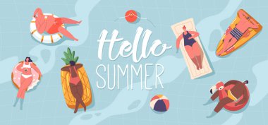 Çeşitli İnsanlar Erkek Kadınlar Eğleniyor, Yaz Tatili Tatil Köyü 'nde dinleniyorlar. Erkek ve Kadın Karakterler Okyanus, Deniz ya da Yüzme Havuzu 'nda Şişme Yataklarda Yüzüyor. Çizgi film İnsanları Vektör İllüstrasyonu