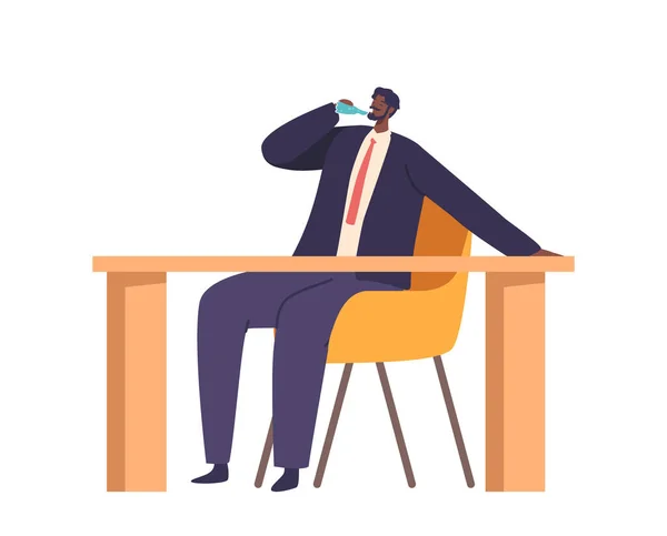 Office Man Character Sits Desk Tar Uppfriskande Paus Han Når — Stock vektor