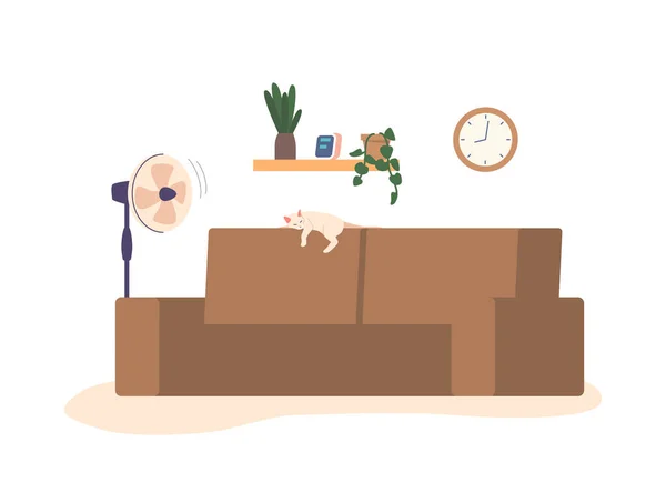 Chambre Confortable Avec Canapé Confortable Chat Satisfait Bénéficie Brise Douce — Image vectorielle