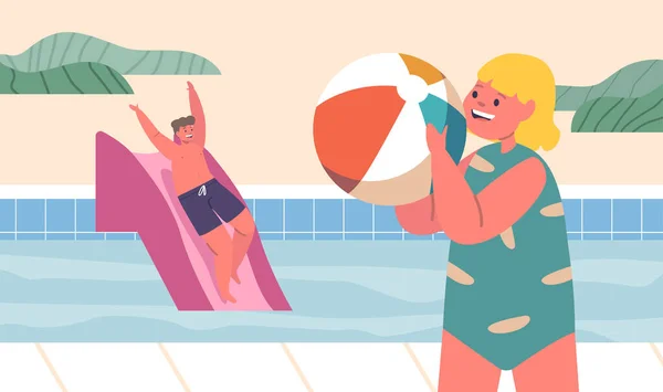 Küçük Çocuk Karakterler Bir Havuzda Neşeyle Sıçrayıp Oynuyorlar Serinlerken Sevgi — Stok Vektör