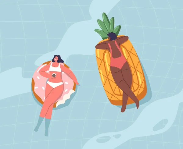 Personajes Femeninos Traje Baño Con Cóctel Mano Disfrutando Vacaciones Verano — Vector de stock