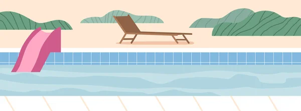 舒适舒适的白天床 完美的放松和享受风格的水的豪华游泳池 浅滩背景与蓝色水和休息厅 卡通矢量图解 — 图库矢量图片