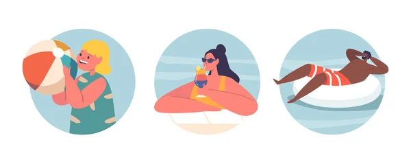 Изолированные Круглые Иконы Аватары Мужчинами Женщинами Детьми Плавают Отдыхают Бассейне — стоковый вектор