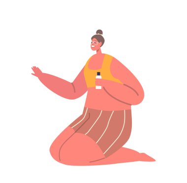 Kadın cildini zararlı ultraviyole ışınlardan korumak için güneş kremi sürüyor. Güneş altında güvenli ve keyifli bir zaman geçiriyor. Beyaz Arkaplanda İzole Edilmiş Kadın Karakteri. Çizgi film İnsanları Vektör İllüstrasyonu