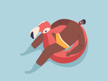 Siyah Erkek Karakteri Flamingo Şeklinde Şişirilebilir Yüzükte Yüzüyor Yaz Zamanının Keyifli Tatilinde. Tatil Köyü ya da Yazın Yüzme Havuzu, Okyanus ya da Deniz 'de Dinlen. Çizgi film Vektör İllüstrasyonu