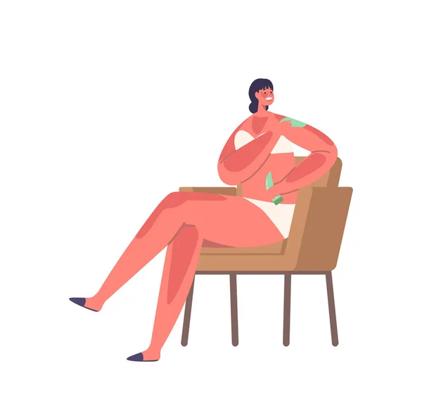 Woman Wear Linen Sitting Chair Applies Sunburn Cream Soothe Protect — Stock Vector