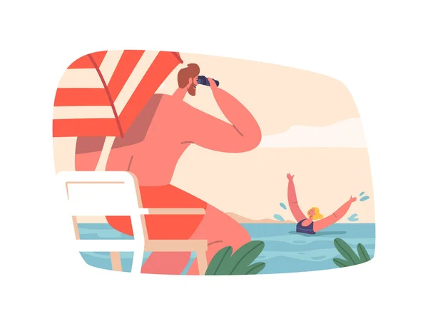 Dangerous Situation Beach Concept Lifeguard Male Character Sitting Umbrella Look — Vetor de Stock