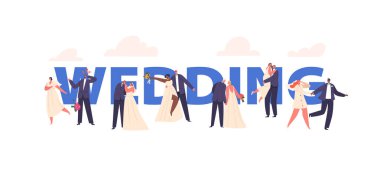 Düğün kavramı. İnsanlar aşkı ve birlikteliği kutluyor. İki ruhun evlilikte birleştiği, ömür boyu hatıralar yarattığı ve birlikte yeni bir yol çizdiği keyifli bir olay. Çizgi film Vektör Posteri, Sancak veya Flyer.