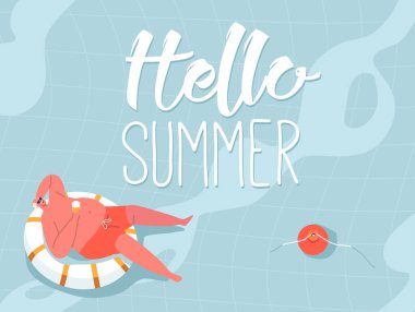 Merhaba Summer Banner Mutlu Şişman Erkek Karakteri Şişme Yüzükle Bira Kupasıyla Yüzüyor. Tatil köyünde ya da otelde, yüzme havuzunda, okyanusta ya da tatilde dinlenin. Çizgi film Vektör İllüstrasyonu