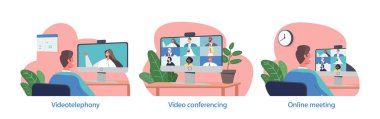 Karakterlerle İzole Edilmiş Elementler İletişim Via Telekonferansı Yakınlaştırma, Popüler Video Konferans Platformu. Kullanıcılar İletişim İçin Uzaktan Bağlantı, Çizgi Film İnsanları Vektör İllüstrasyonu