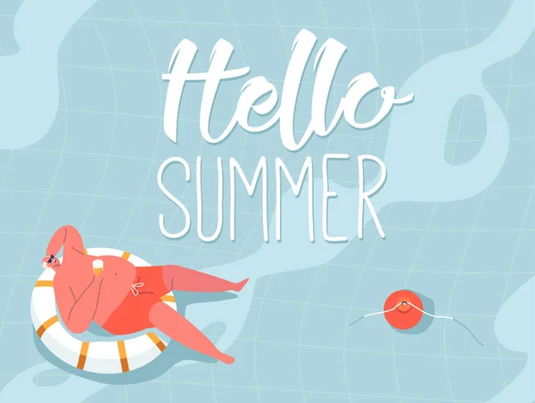 Hello Summer Banner Boldog Kövér Férfi Karakter Lebegő Felfújható Gyűrű — Stock Vector