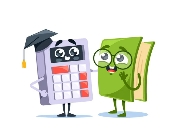 Funny School Items Characters Cartoon Calculator Mortarboard Nerdy Number Crunching — Stockový vektor