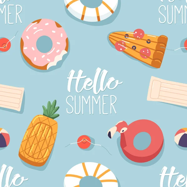 Hello Summer Vibrant Seamless Pattern Floating Air Mattresses Colorful Rings — 스톡 벡터