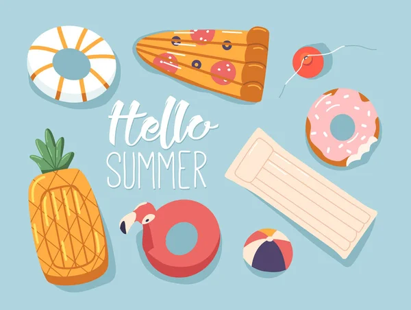 Vibrant Hello Summer Banner Showcasing Colorful Air Mattresses Rings Shape — 스톡 벡터