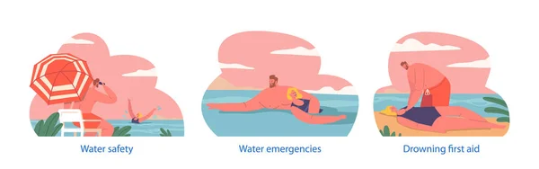 Μεμονωμένα Στοιχεία Ναυαγοσώστες Στην Παραλία Παρέχουν Ασφάλεια Του Νερού Επείγοντα — Διανυσματικό Αρχείο