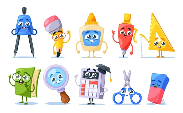Whimsical School Supplies Funny Cartoon Characters Compass Pencil Glue Bottle — стоковий вектор