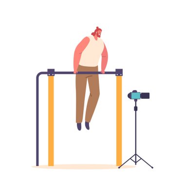 Jimnastik Sporcusu Erkek Karakter Kayıtları Kamerada, Etkileyici Güç ve Form Gösterirken Barda Çeşitli Egzersizler Yapıyor. Çizgi film İnsanları Vektör İllüstrasyonu