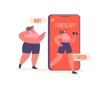 Eğri Kadın, sağlık ve spor hedeflerini desteklemek için özel eğitim seanslarına katılıyor ve telefonunda spor programı uyguluyor. Çizgi film İnsanları Vektör İllüstrasyonu