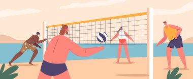 Energetic Male Female Characters Engaging In Beach Volleyball, Diving And Spiking The Ball Over A Net On Sandy Shores, Creating A Lively And Competitive Atmosphere. Cartoon People Vector Illustration clipart