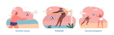 Karakterlerle izole edilmiş elementler plaj voleybolu oynar, güneşin, kumların ve takım çalışmasının tadını çıkarır. Maç, yükselme, servis yapma ve topu internetten fırlatmayı içeriyor. Çizgi film İnsanları Vektör İllüstrasyonu