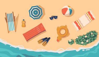 Plaj manzaralı eşyalar. Güneş Şemsiyesi, Plaj Havlusu, Şişme Halka ve Yatak, Daybed, Flippers ve Plaj Balosu, Sea Water Edge 'e yakın bir yere serilmiş. Çizgi film Vektör İllüstrasyonu