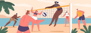 Genç karakterler Sandy kortlarında plaj voleybolu oynar, güneşin, kumların ve takım çalışmasının tadını çıkarırlar. Maç, yükselme, servis yapma ve topu internetten fırlatmayı içeriyor. Çizgi film İnsanları Vektör İllüstrasyonu