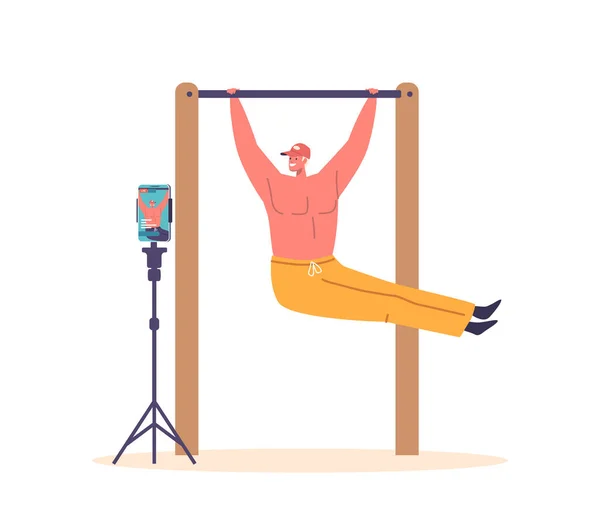 stock vector Man Athlete Blogger Records Exercise Training At Home On Camera. Sports Blogger Bodybuilder Male Character Workout on Horizontal Bar. Health And Beauty Concept. Cartoon People Vector Illustration