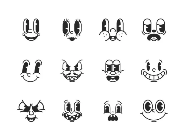 Conjunto Vector Emoji Conjunto Rostos Animados Quadrinhos Preto Branco Com — Vetor de Stock