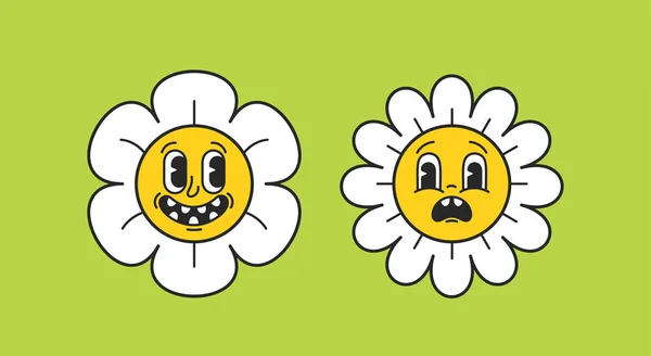 Cartoon Retro Daisy Charakter Happy Unhappy Emoji Fröhliche Daisy Mit — Stockvektor