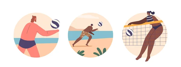 Isolated Icons Avatars Male Female Characters Engaging Beach Volleyball Spiking — Stock Vector