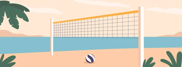 用排球网在棕榈沙滩上活跃的海滩场景 邀请玩家在阳光 沙滩和闪闪发光的海水中参加友谊赛 卡通矢量图解 — 图库矢量图片