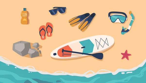 様々なビーチアイテムのセットトップビュー クリームボトル サングラス フリッパー スープボード マスク チューブ ゴールデンサンドのヒトデ活気に満ちたリラックスした夏のシーンを作成します 漫画ベクターイラスト — ストックベクタ