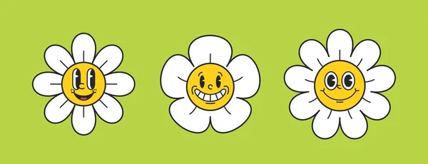 Dessin Animé Souriant Retro Daisy Caractère Emoji Dentiste Gai Nostalgique — Image vectorielle