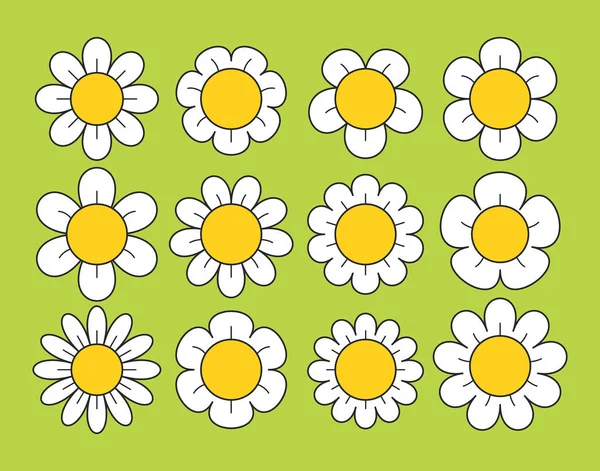 Cartoon Daisy Flowers Set Isolated Green Background Small Delicate Blooms — Stock Vector