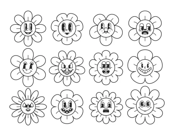 Cartoon Black White Daisy Emoticons Retro Daisies Expressive Emotions Happy — Stock Vector