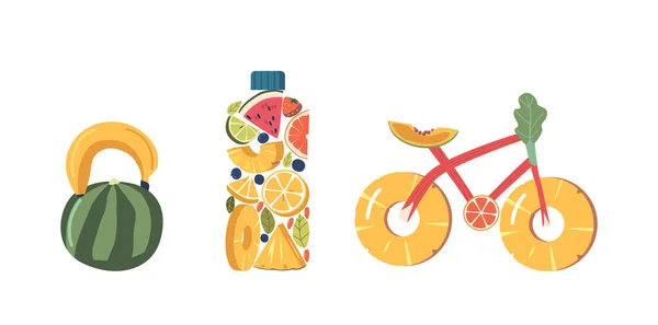 果実と果実は白い背景に隔離された重量 水ボトル 自転車の形をしています 新鮮な夏の食べ物とスポーツ 健康的なライフスタイルの概念 漫画ベクターイラスト — ストックベクタ