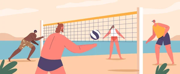 Energetische Mannelijke Vrouwelijke Karakters Die Zich Bezighouden Met Beach Volleybal — Stockvector