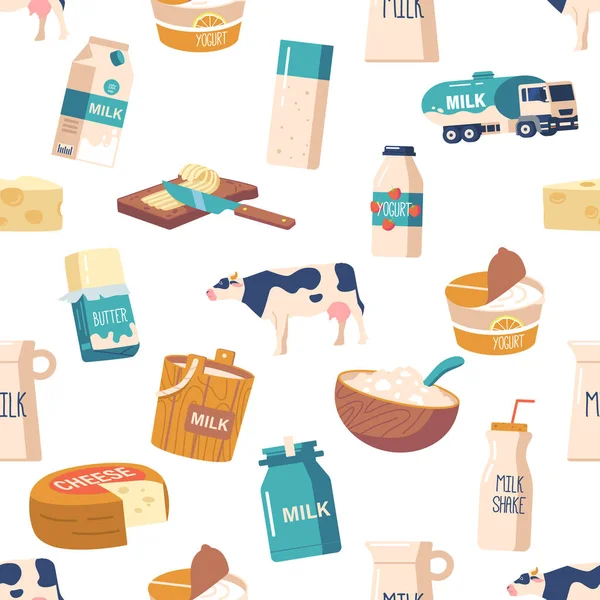 Milk Dairy Products Seamless Pattern Delightful Design Featuring Cheese Butter — Stock Vector