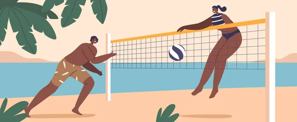 Чорні Чоловічі Жіночі Персонажі Беруть Участь Пляжному Волейболі Вміло Стрибають — стоковий вектор