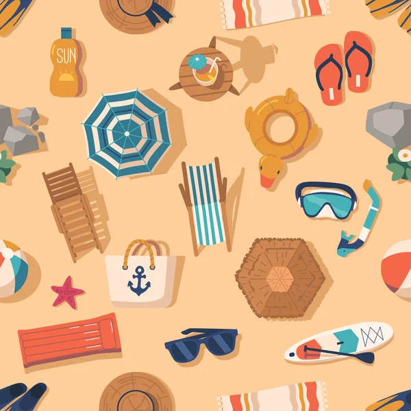 Seamless Pattern Beach Items Flip Flops Sunglasses Beach Ball Starfish — Stock Vector