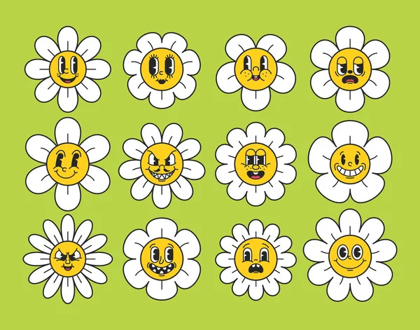 Νοσταλγική Και Γοητευτική Daisy Emoticons Ρετρό Μαργαρίτες Κινουμένων Σχεδίων Εκφραστικά — Διανυσματικό Αρχείο