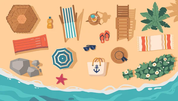 Plaj Eşyalarının Üst Görüntüsü Renkli Havlular Plaj Şemsiyesi Yatak Çanta — Stok Vektör