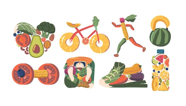 おいしい靴 ハート 自転車 ランニングスポーツマン ダンベル スケール ウォーターボトルの形の果物と野菜 健康食品の概念は 白の背景に隔離 漫画ベクターイラスト — ストックベクタ