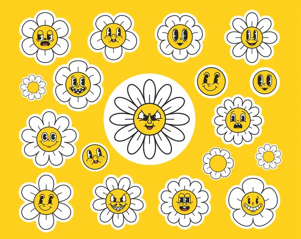 Personnages Fleurs Marguerite Y2K Personnages Fleurs Fantaisistes Rétro Inspirés Avec — Image vectorielle