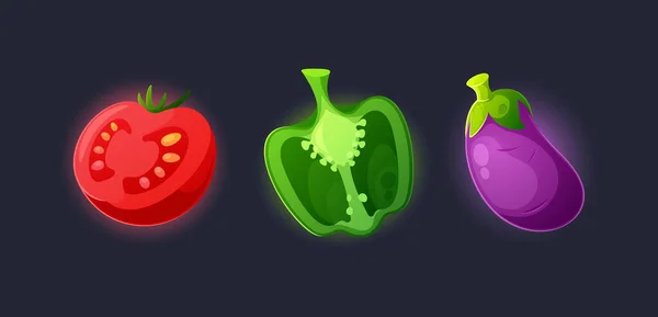 Ícones Vegetais Coloridos Dos Desenhos Animados Tomate Berinjela Pimentão Com —  Vetores de Stock
