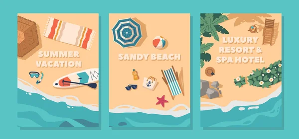 Banery Stylu Plażowym Vibrant Colorful Featuring Popularne Przedmioty Plażowe Takie — Wektor stockowy